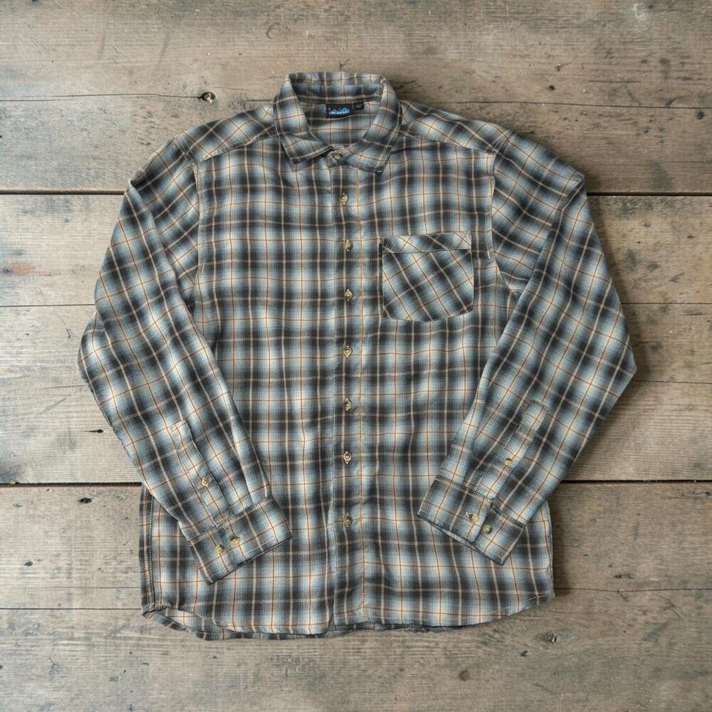 KAVU Mens Large Blue Plaid Flannel Long Sleeve Button Down Shirt Outdoor Hiking